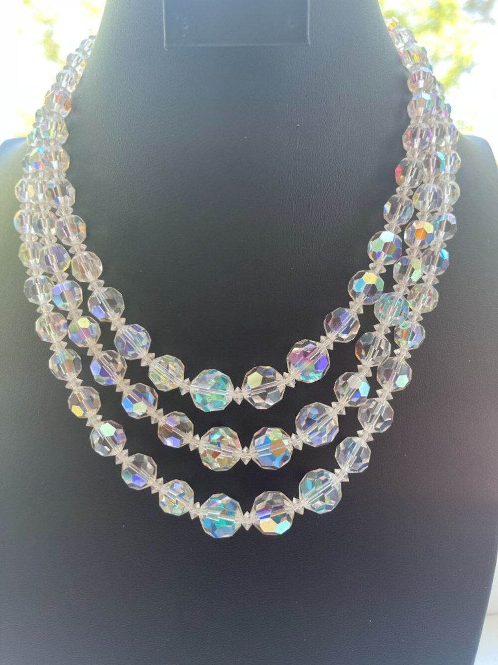 Vintage Multi-Strand AB Crystal Necklace With Baguette Rhinestone Clasp - Elegan